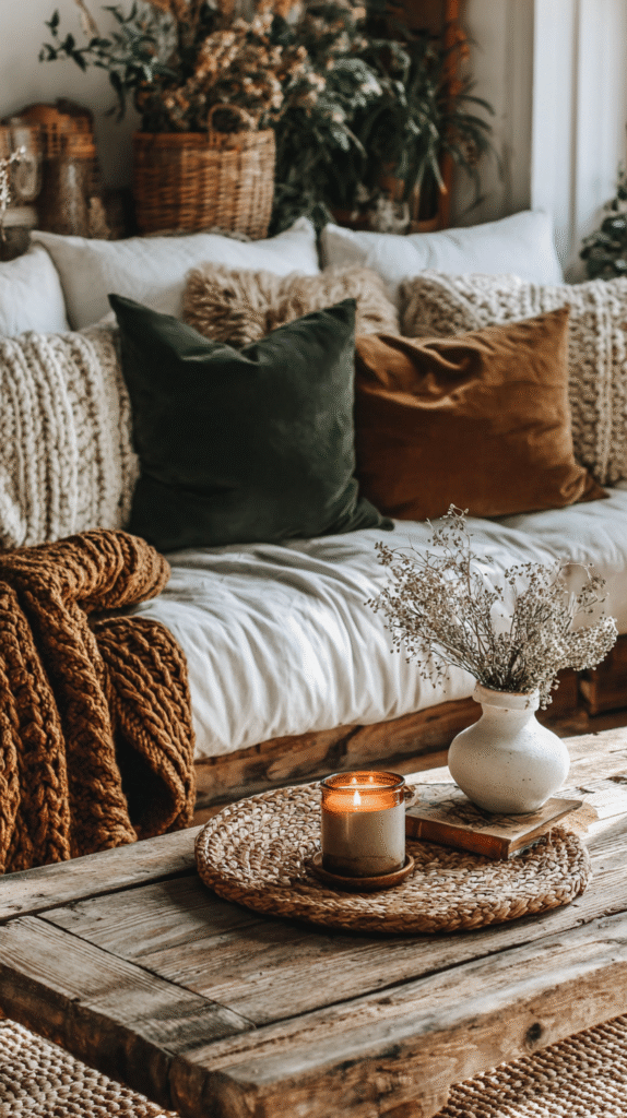 Cozy boho living room with earth-toned pillows, knit throw, warm candle, and dried flowers on a rustic wooden table.