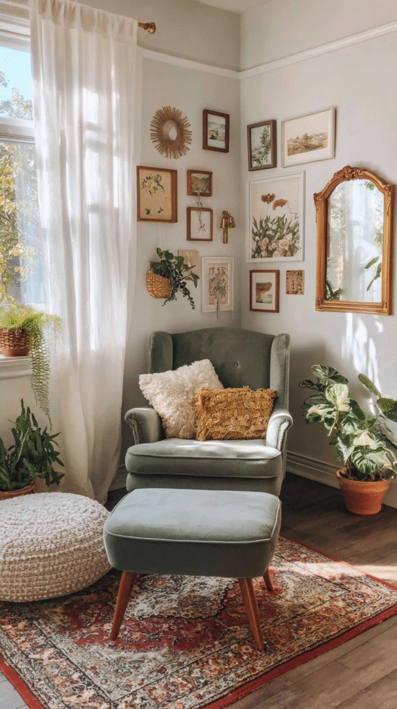 cozy-thrifted-apartment-decor-art Cozy reading nook with vintage armchair, plants, and art-filled gallery wall in sunlit corner.