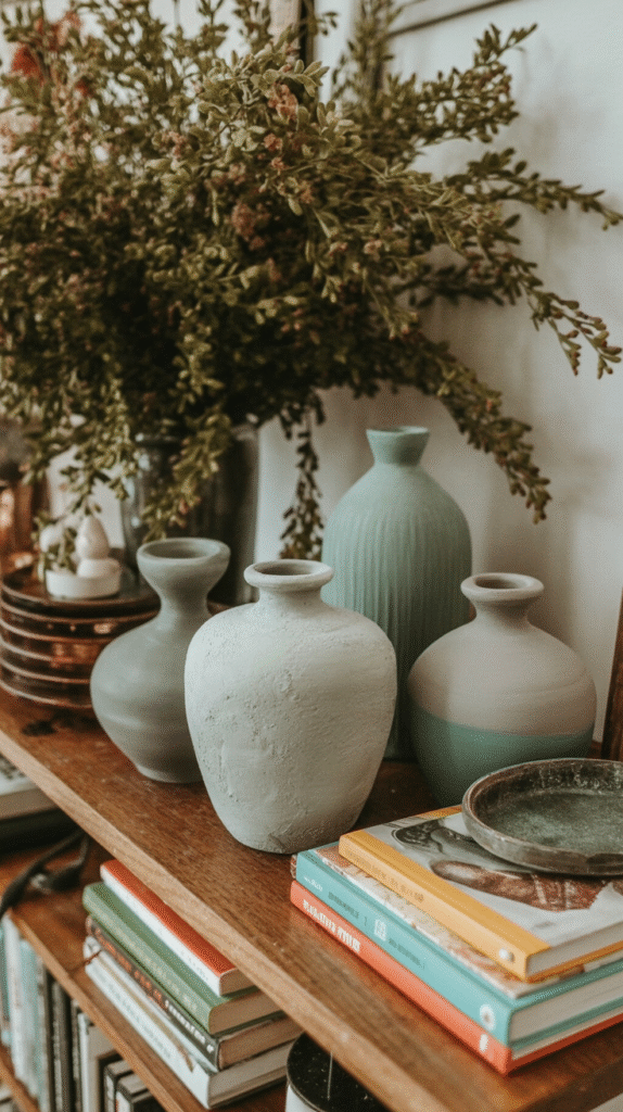 Decorative ceramic vases on a wooden shelf with books and lush green foliage in the background.