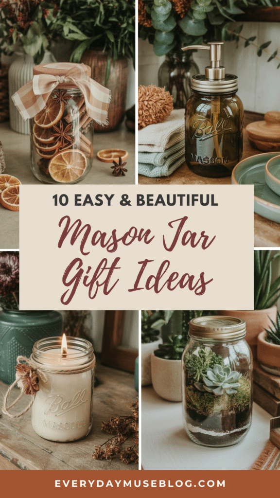 10 easy and beautiful mason jar gift ideas featuring candles, terrariums, and homemade decor.