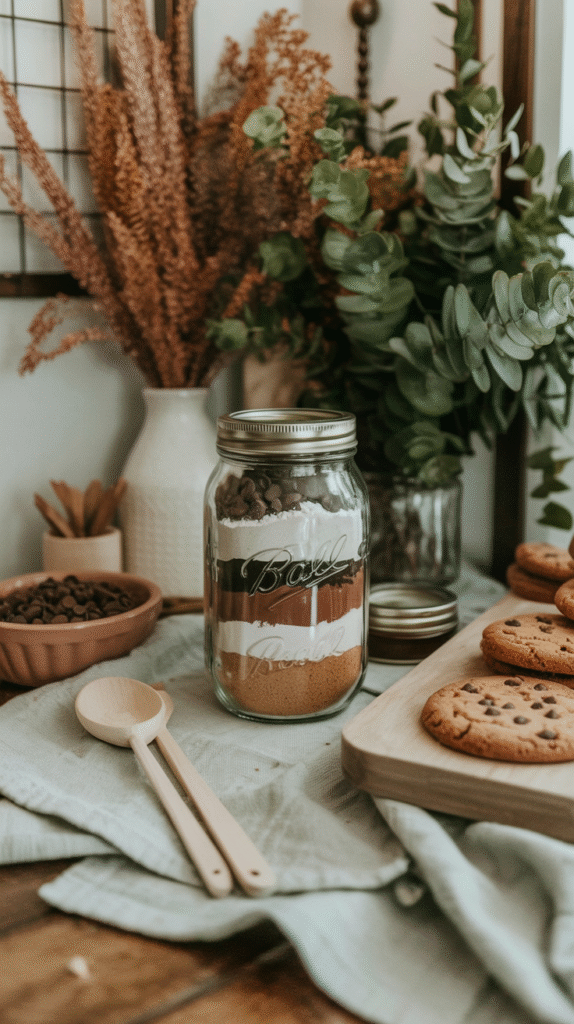 Jar with layered dry cookie ingredients next to chocolate chip cookies and greenery on a wooden table.