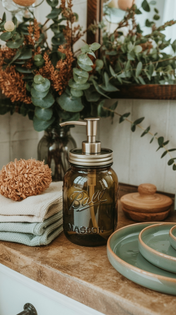 Rustic bathroom decor with a mason jar soap dispenser, greenery, and neatly folded towels on a wooden counter.