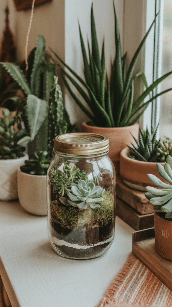 Succulent terrarium in a jar with various potted plants on a windowsill. Cozy indoor garden decor.