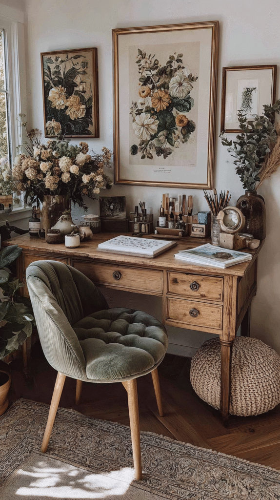mix-vintage-modern-desk Vintage-style home office with wooden desk, green velvet chair, and botanical artwork. Cozy and artistic decor.