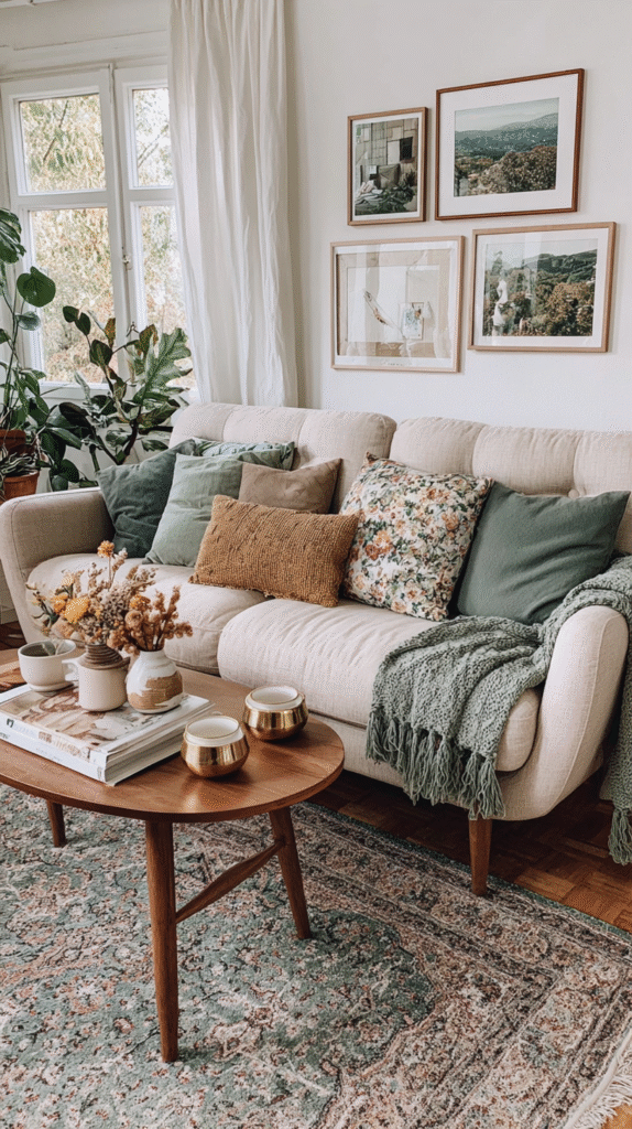mix-vintage-modern-living-room Cozy living room with beige sofa, patterned cushions, and green plants, featuring art and wooden coffee table decor.