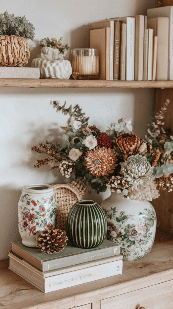 mix-vintage-modern-shelf Rustic shelf with dried flowers and decorative vases, books and candle, creating cozy home decor vibe.