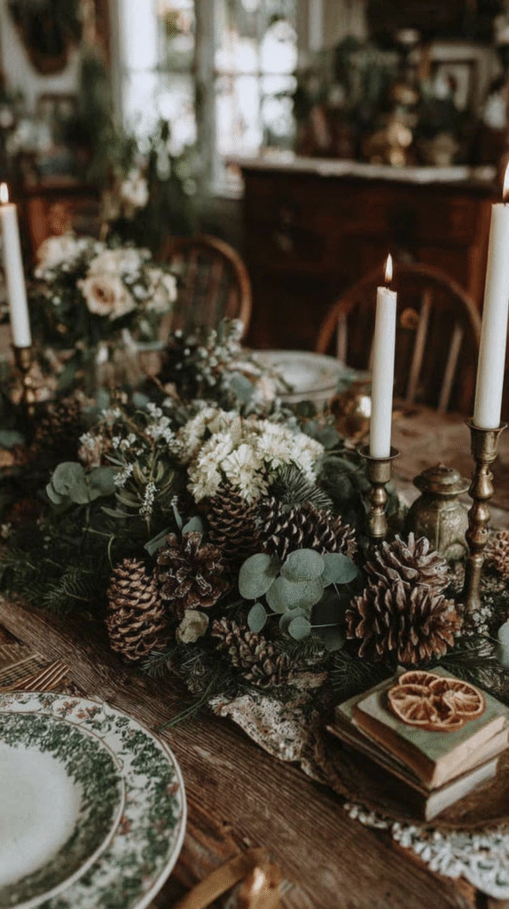 Rustic holiday table setting with pinecones, candles, and florals on wooden surface, creating a cozy, festive ambiance.