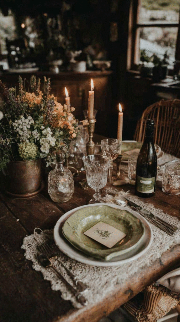 Cozy rustic dining table with candles, flowers, and elegant glassware, creating an intimate and warm ambiance.