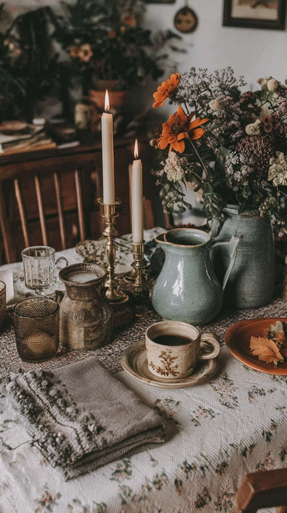 Cozy autumn table setting with candles, flowers, vintage teacup, and rustic decor. Perfect for a warm, inviting atmosphere.