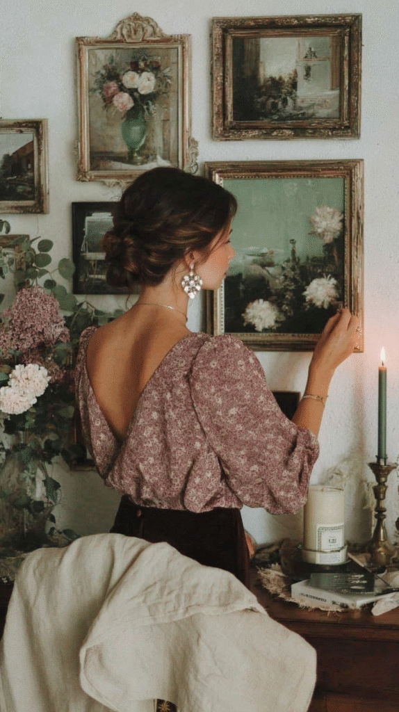 Woman in floral dress admiring vintage framed paintings on wall, surrounded by flowers and candles.
