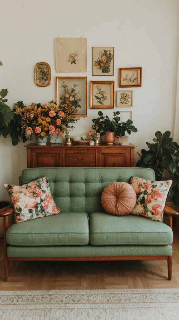 Vintage living room with green sofa, floral pillows, wooden cabinet, and botanical wall art. Cozy, nature-inspired decor.