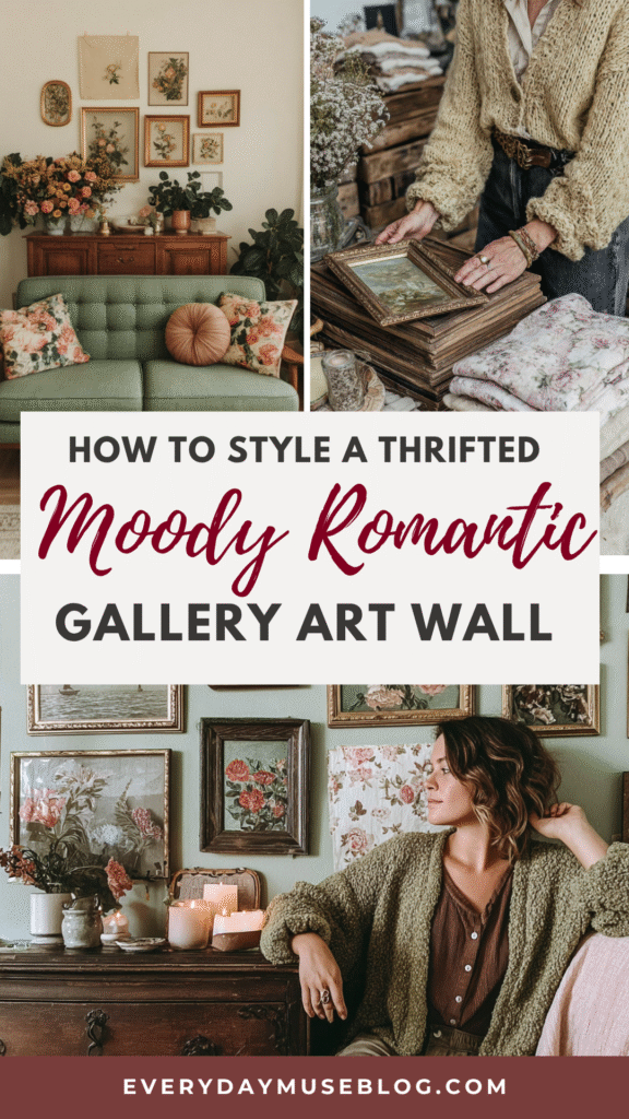 Thrifted moody romantic gallery wall with vintage art, cozy decor, and styling tips from EverydayMuseBlog.com.
