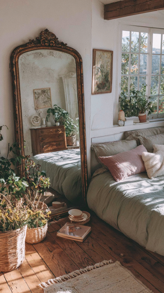 Cozy bedroom with vintage mirror, plants, and rustic decor, reflecting natural light from large windows.