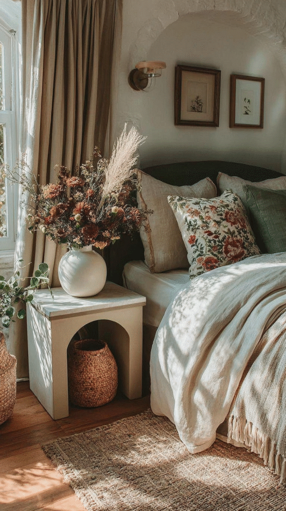 Cozy boho bedroom with floral pillows, plants, natural light, and earthy tones for a tranquil ambiance.