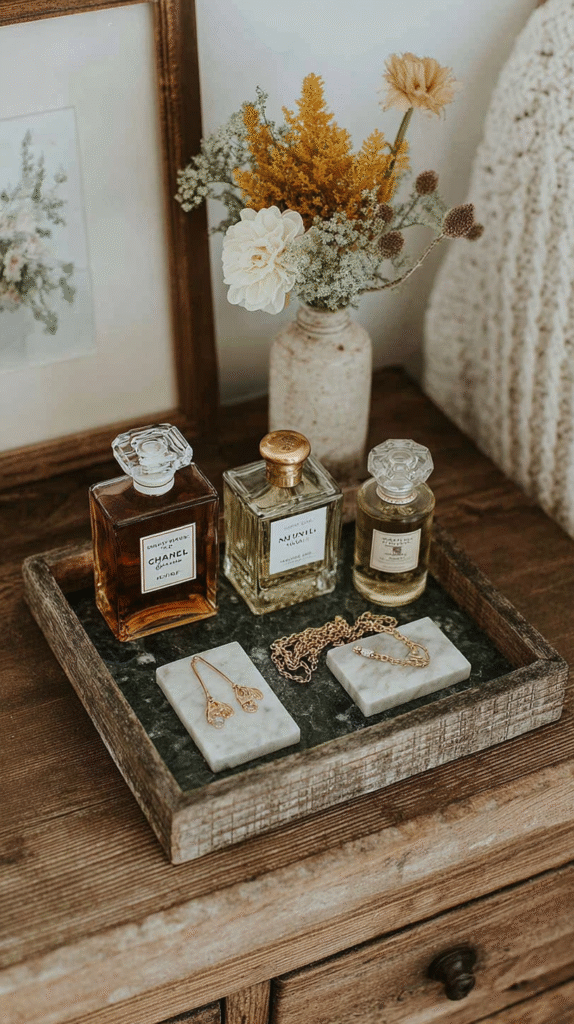 Vintage perfume bottles and gold jewelry on a rustic tray next to a floral arrangement in a cozy setting.