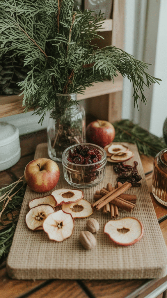 Rustic tabletop with apples, dried fruit, cinnamon sticks, and nutmeg, set on burlap with greenery in the background.