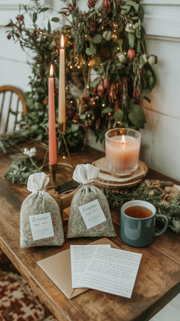 Cozy holiday scene with simmer pot bags, lit candles, a cup of tea, and festive decorations on a wooden table.