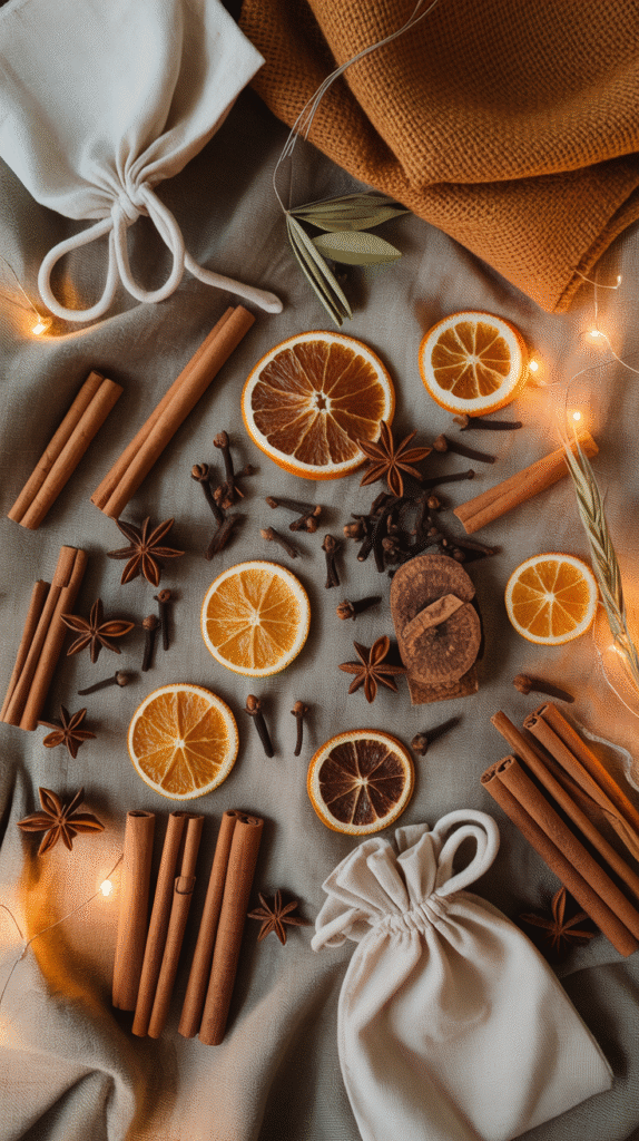 Cinnamon sticks, dried oranges, star anise, and cloves on fabric, accented by soft lights and drawstring bags.