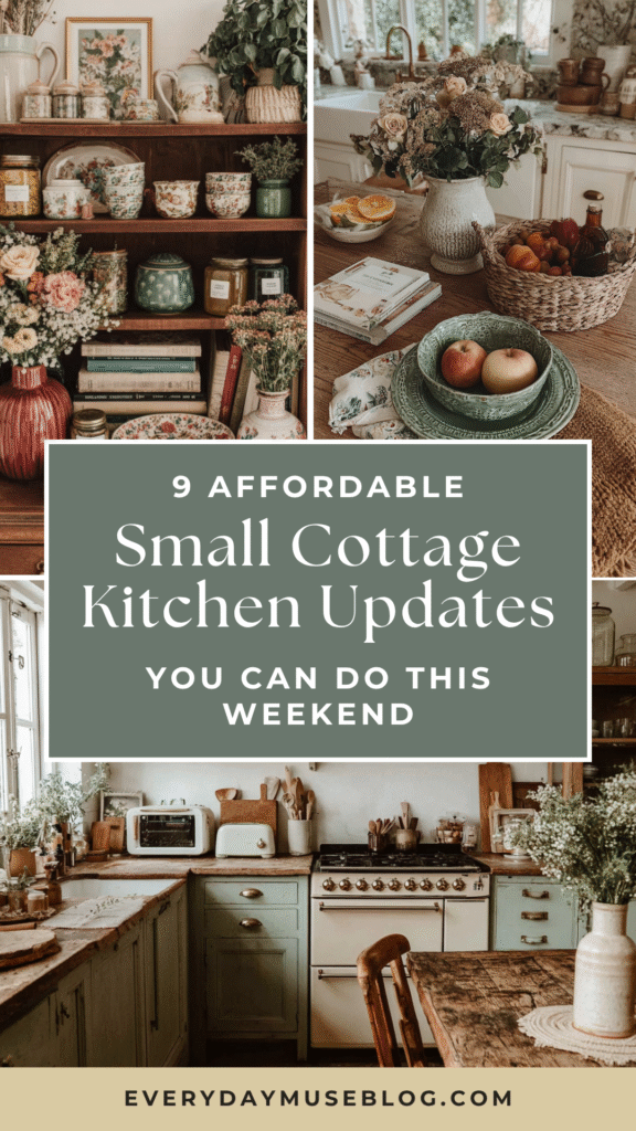 Cottage kitchen with vintage decor, plants, and earthy tones. Affordable weekend update ideas.