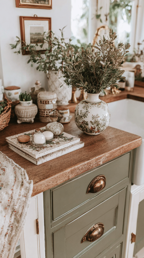 Vintage kitchen decor with potted plants, rustic pottery, and wooden countertops in a cozy, well-lit setting.