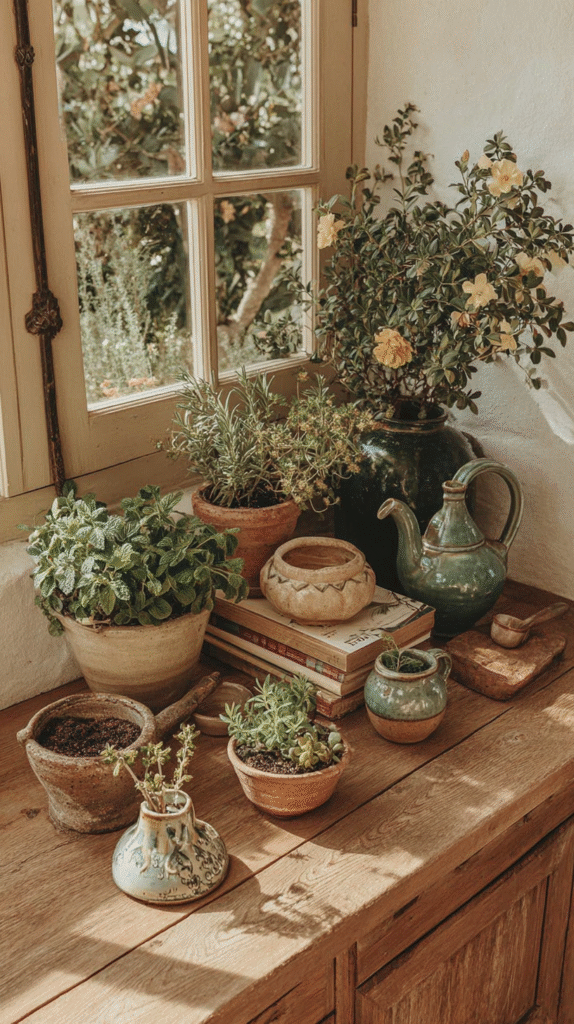Cozy windowsill with potted herbs and books, sunlit rustic decor, enhancing a warm, natural indoor ambiance.