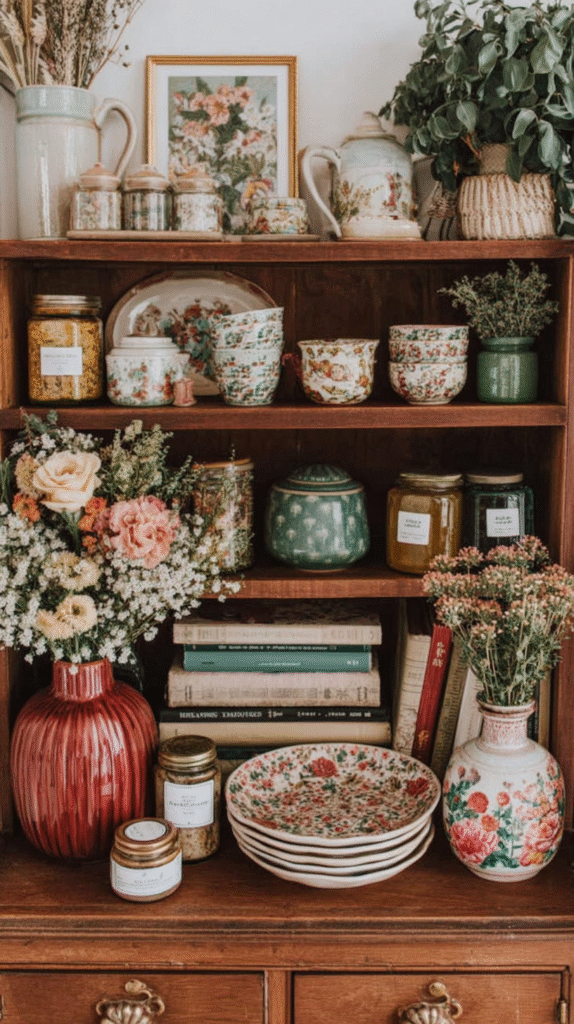 Vintage floral china and vases arranged on a wooden shelf with books and dried flowers for a rustic decor touch.