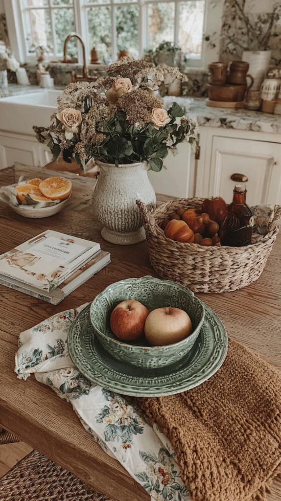 Cozy kitchen table with flowers, apples, and rustic decor for a warm, inviting atmosphere.