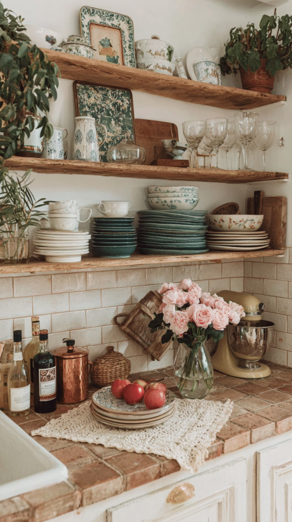 Rustic kitchen with wooden shelves, vintage dishes, and a brick countertop adorned with a vase of pink roses.