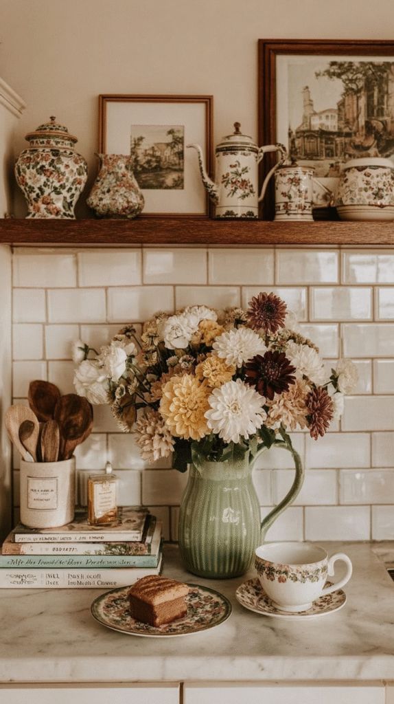 Vintage kitchen decor with flowers in a green vase, teacup, cake, and floral ceramics on a wooden shelf.