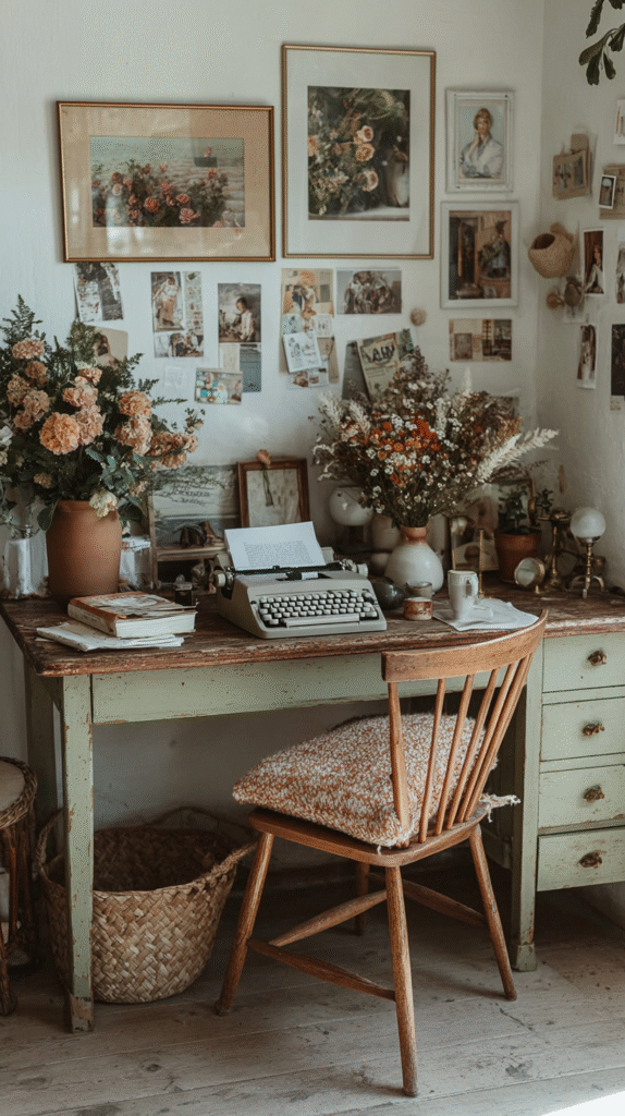 Vintage writing desk with typewriter, flowers, and eclectic wall art in cozy, rustic room.