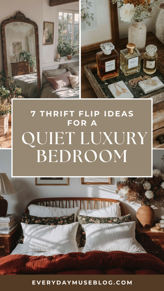 Quiet luxury bedroom with vintage decor, elegant perfume display, and cozy bedding ideas from EverydayMuseBlog.com.