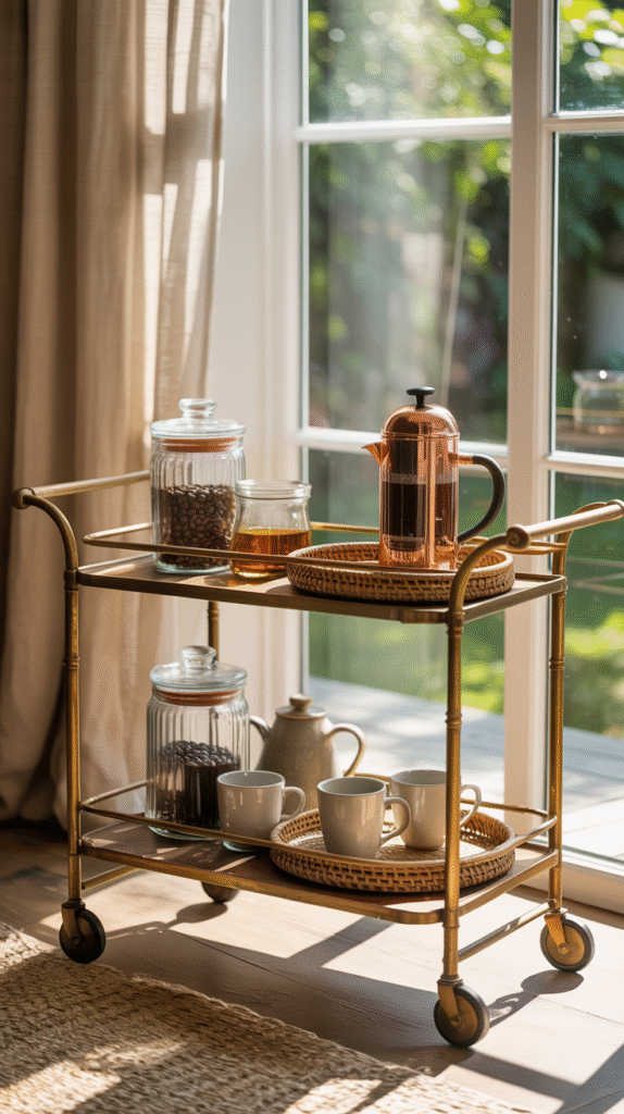 Coffee cart with French press, jars, and mugs by sunlit window, creating a cozy morning ambiance.