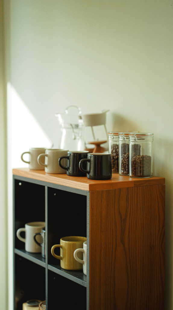 Wooden shelf with assorted coffee mugs, jars of coffee beans, and pour-over set in a sunlit kitchen corner.