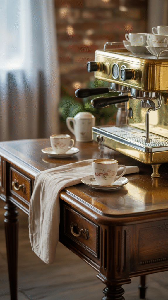Elegant espresso machine on vintage table with steaming coffee cups, set in a cozy, sunlit room.