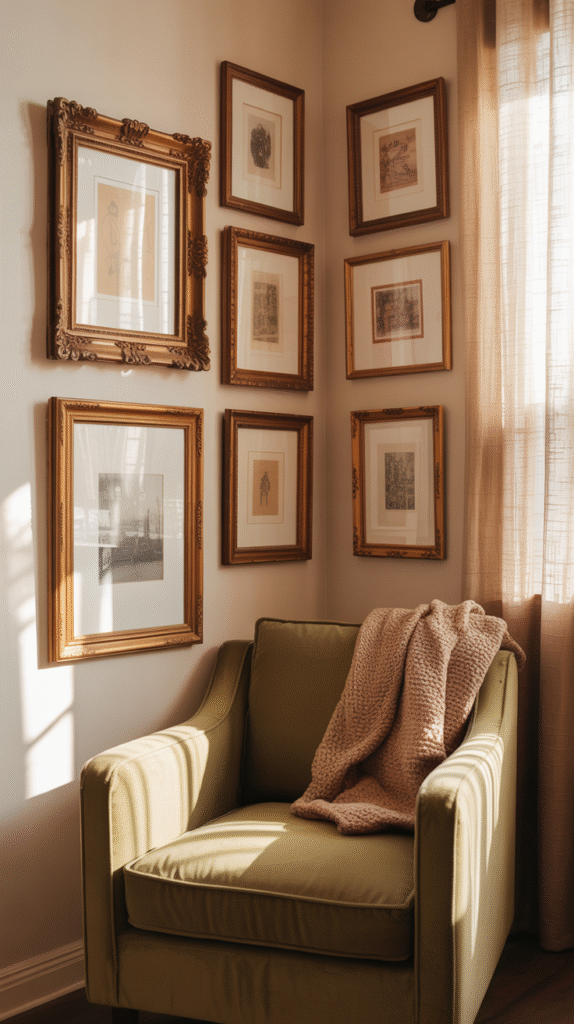 Cozy corner with a green armchair, knit blanket, and vintage art gallery wall in warm, natural light.