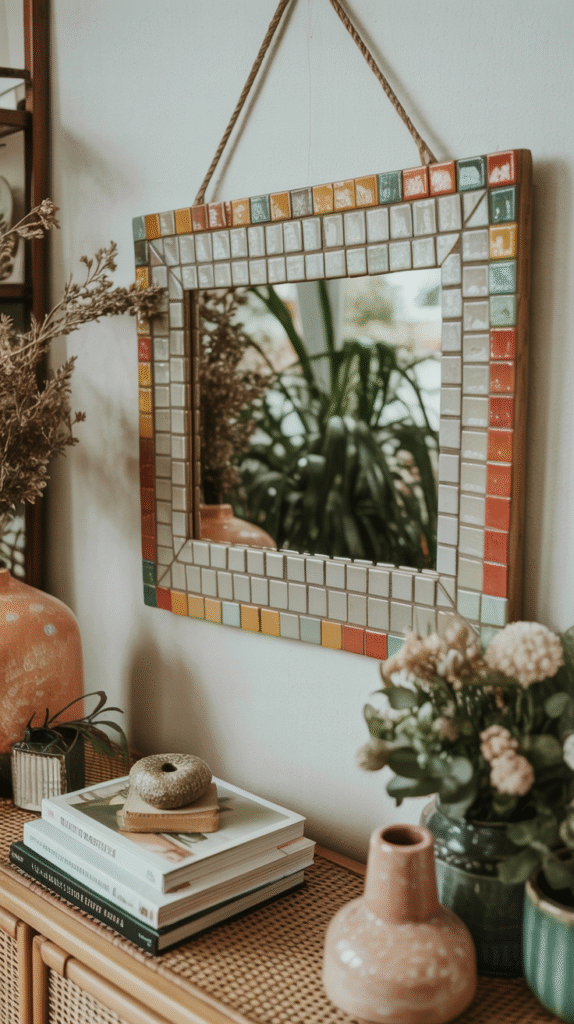 Colorful mosaic mirror with decorative plants and books on a wooden console table.