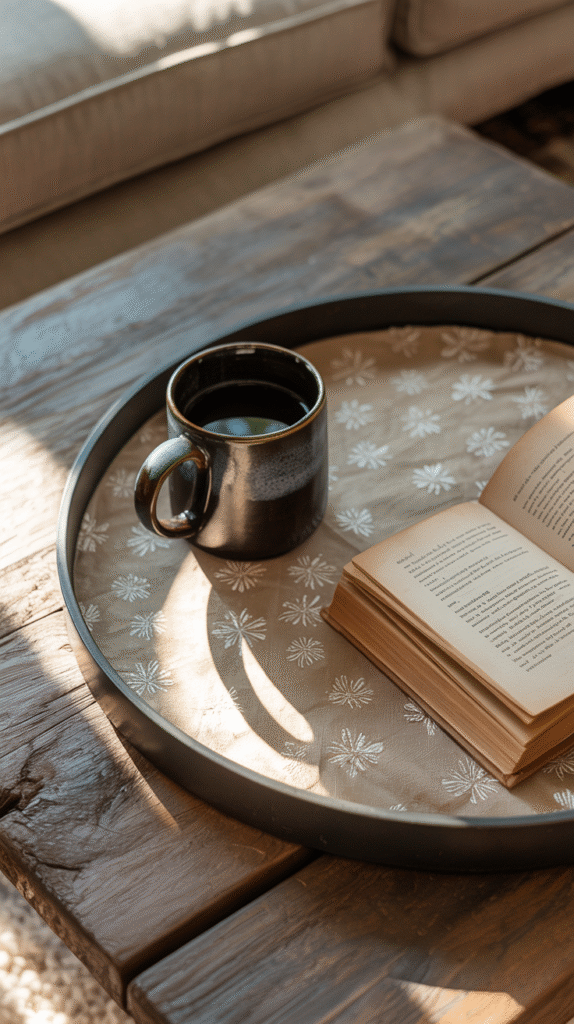 Cozy wooden table with coffee mug and open book in warm sunlight. Perfect reading spot.