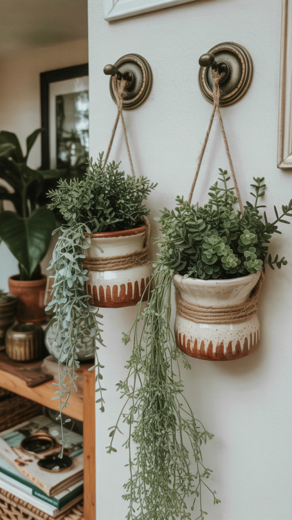 Hanging ceramic planters with lush green foliage on a light wall, enhancing cozy home decor with a natural touch.
