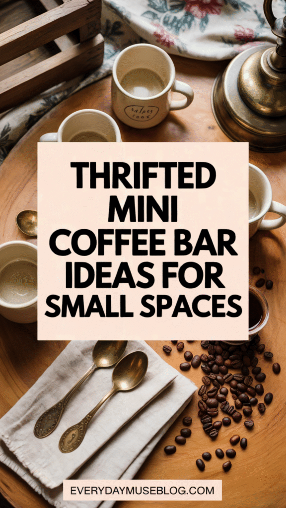 Thrifted mini coffee bar ideas for small spaces with cups, beans, and spoons on wooden surface.
