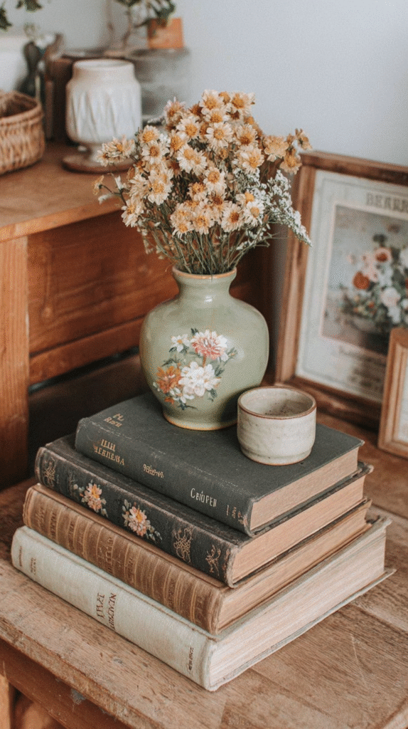 Vintage books stacked with floral vase and dried flowers on wooden desk. Cozy and rustic home decor.