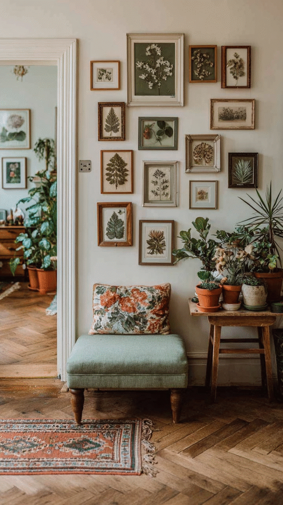 Cozy living room with botanical wall art, green chair, floral pillow, and indoor plants on wooden floor for a natural vibe.