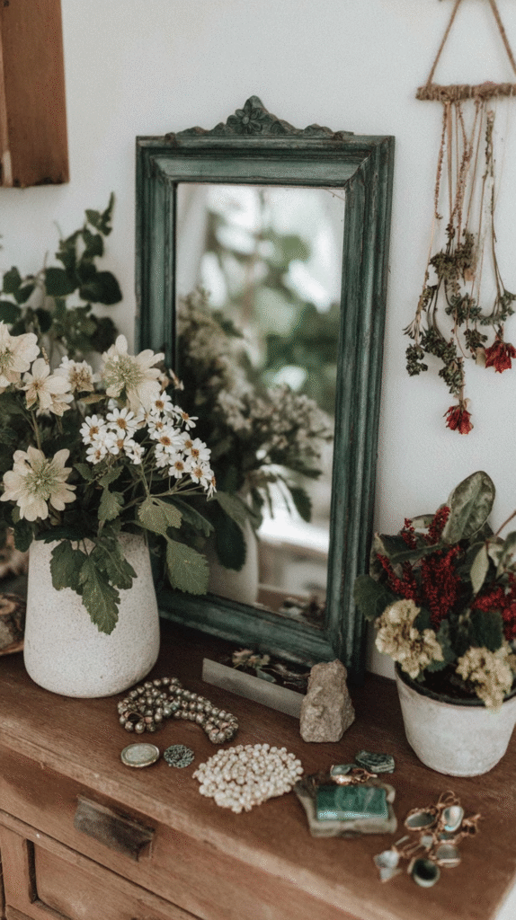 Rustic vanity with vintage jewelry, potted flowers, and a decorative mirror for a charming, bohemian aesthetic.