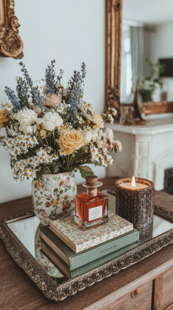 Floral bouquet, candle, and perfume on a mirrored tray with vintage books, creating a cozy, elegant home decor setup.