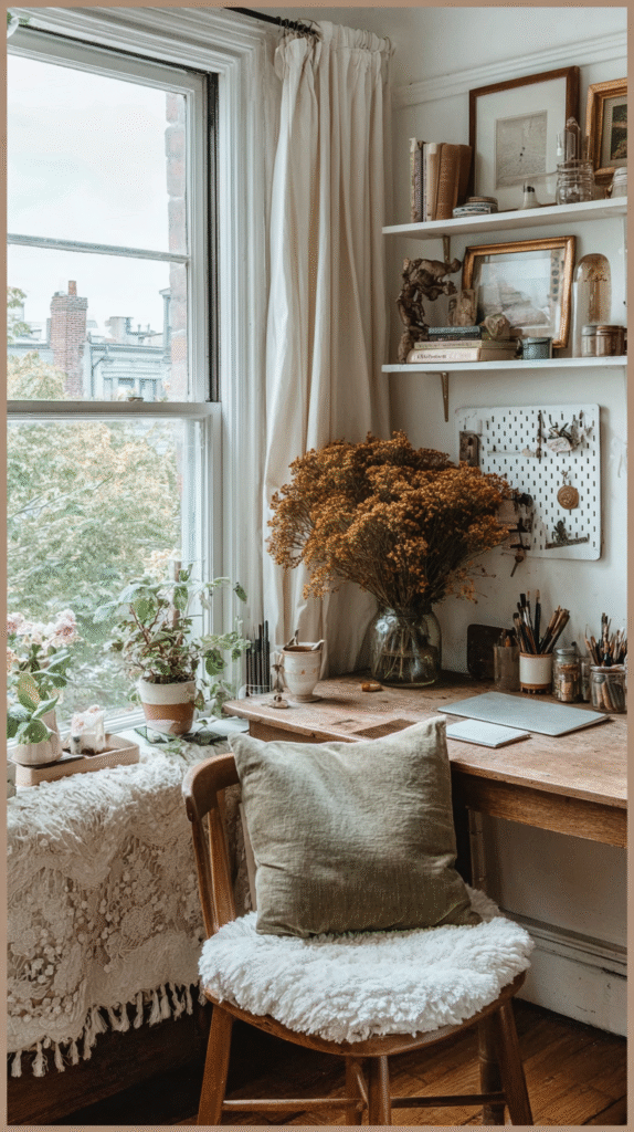 Cozy home office with wooden desk, window view, plants, and boho decor, promoting a peaceful work environment.