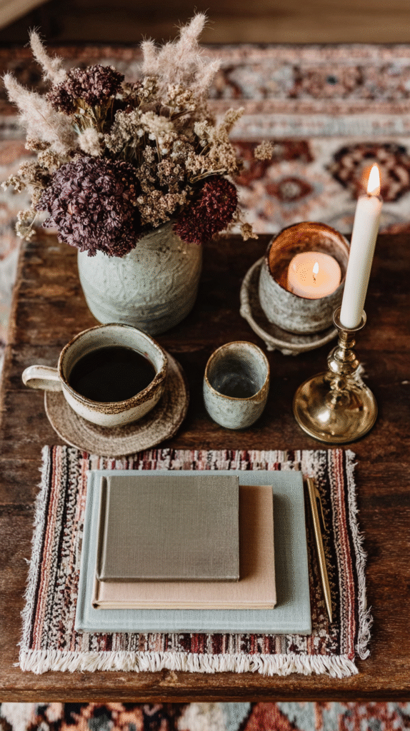Cozy rustic scene with dried flowers, coffee, candle, and books on a wooden table with a colorful woven mat.