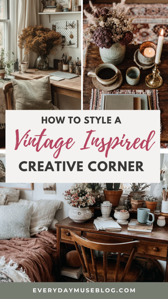 Vintage-inspired creative corner with cozy decor, rustic furniture, and warm colors. Everyday Muse Blog style tips.