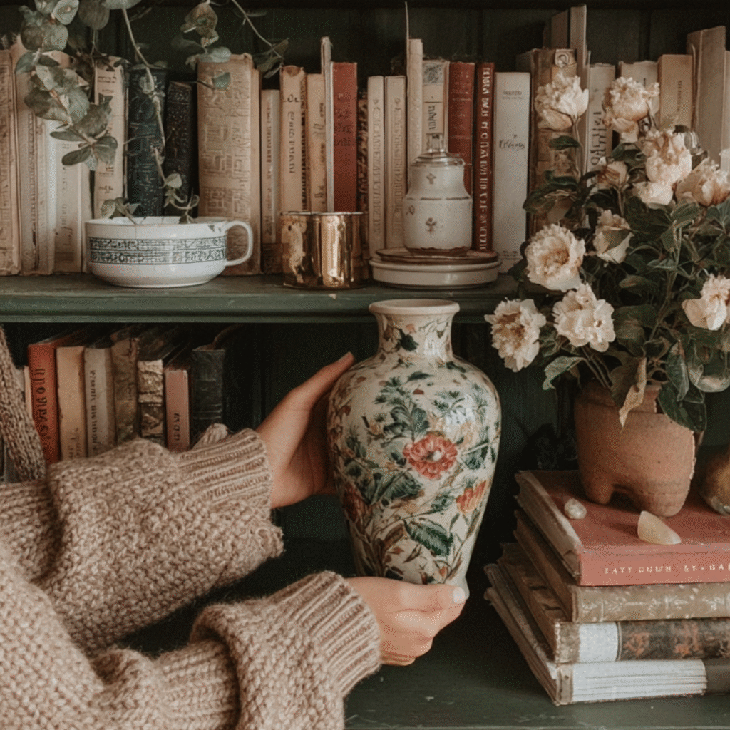 Cozy vintage shelf with books, a floral vase, and a plant, creating a warm, rustic atmosphere.