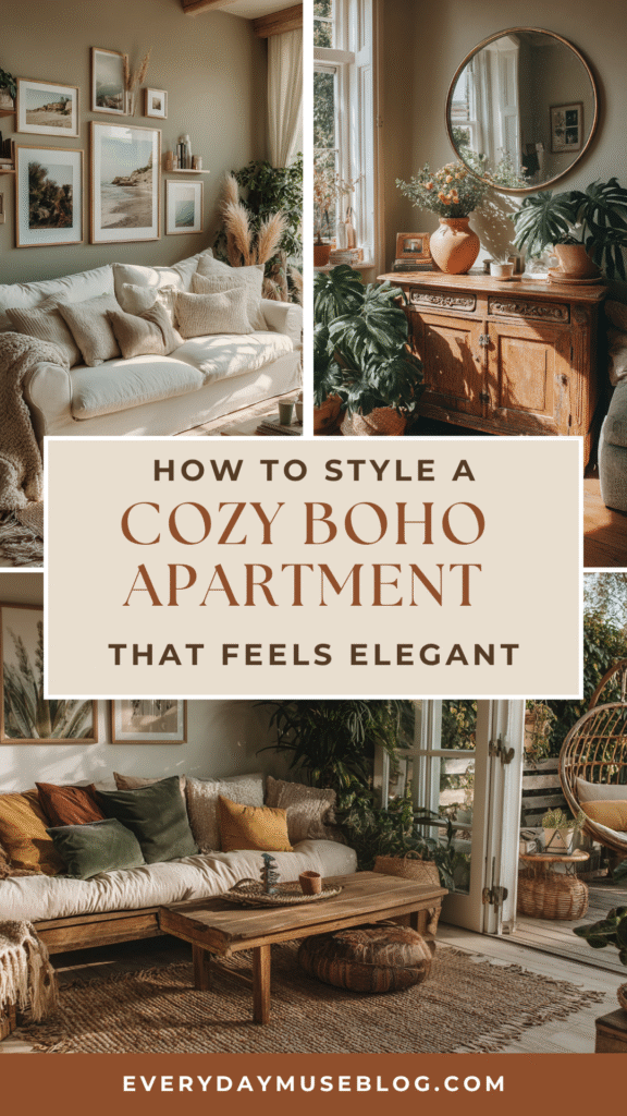 Cozy bohemian apartment with elegant decor, natural tones, and plants. Style tips for a chic, inviting space.