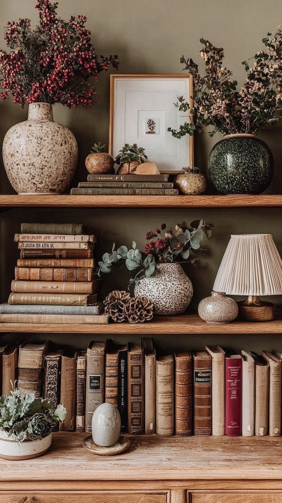 Vintage bookshelf with potted plants, artistic decor, and antique books on wooden shelves for a cozy, rustic look.