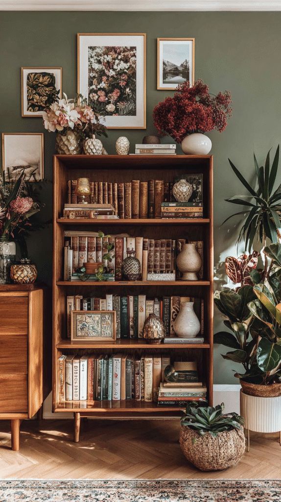 Stylish home library with wooden bookshelf, vintage books, plants, ceramic vases, and framed art on a green wall.